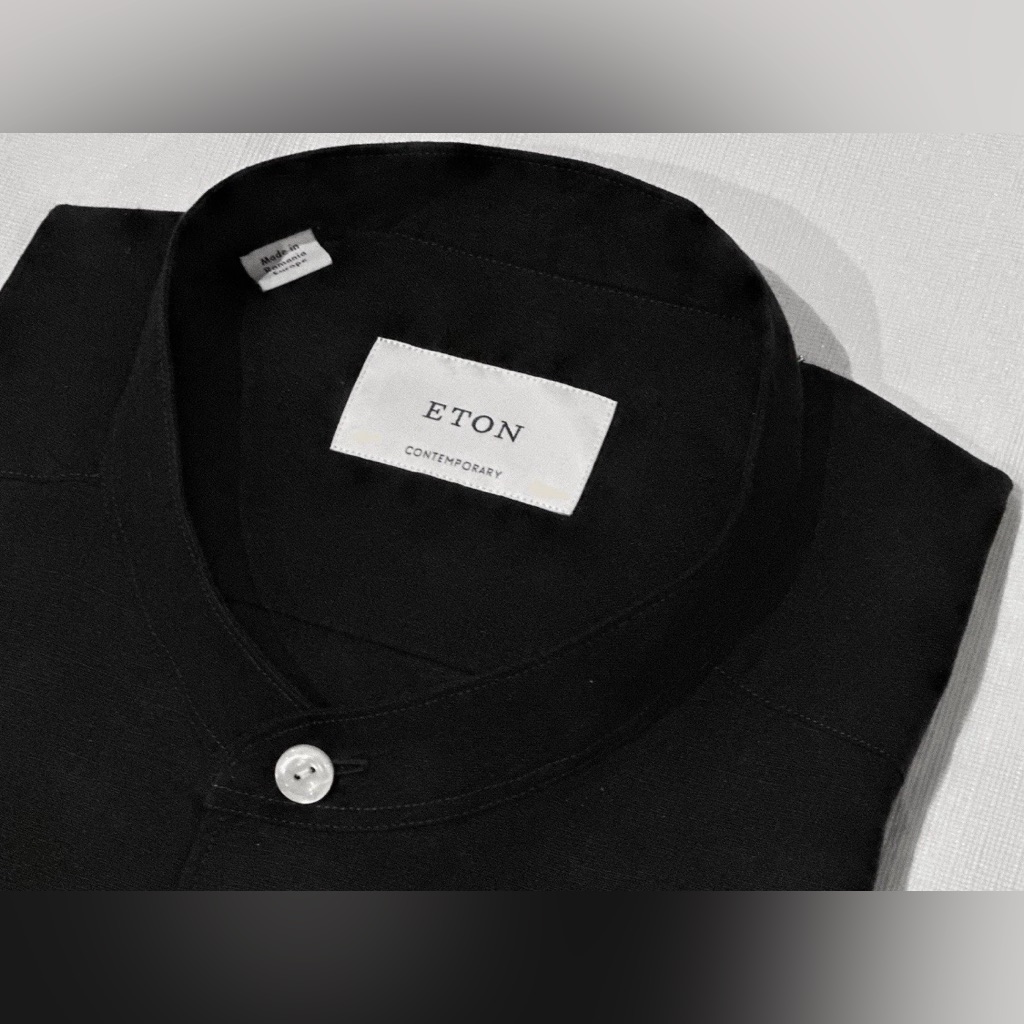 $375 New Black Eton Linen Band Collar Dress Shirt 16.5 42 Contemporary Fit